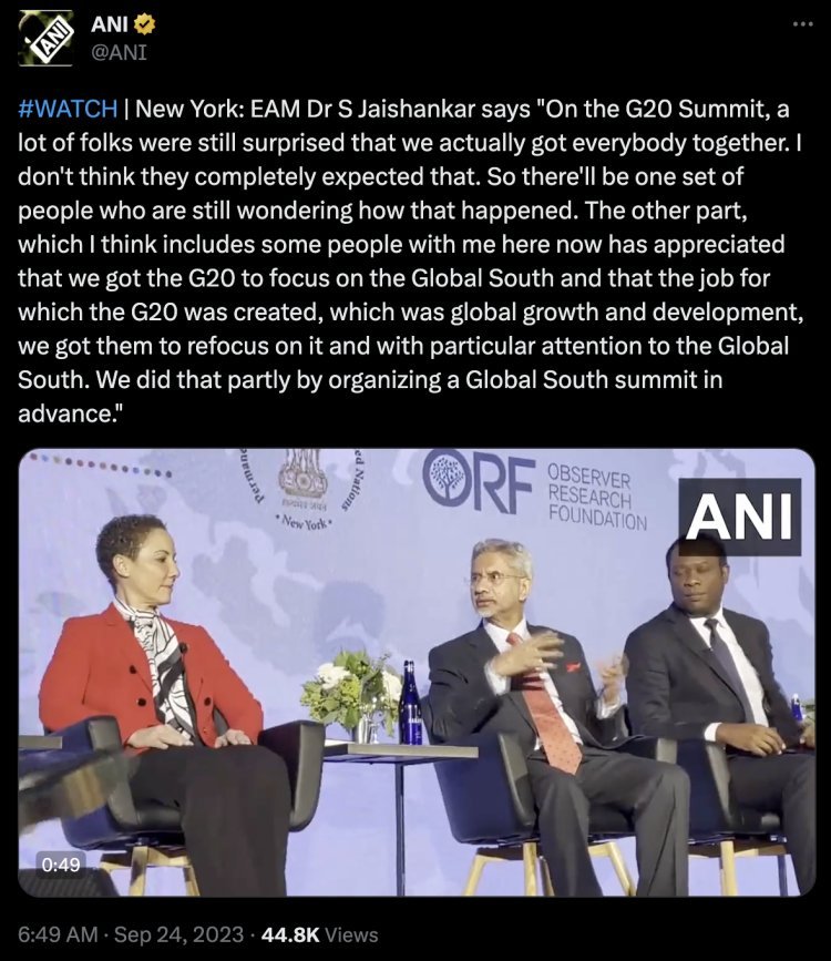 'India brought everyone together in the G20 summit, many people did not expect this' Foreign Minister Jaishankar said in New York