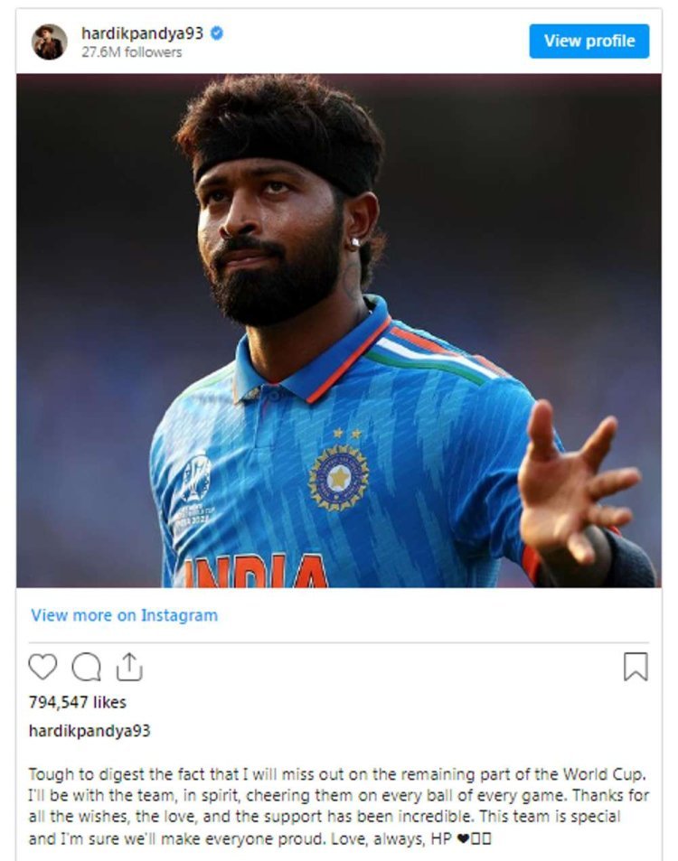 Hardik Pandya's pain expressed after being out of World Cup, gave this statement with an emotional heart