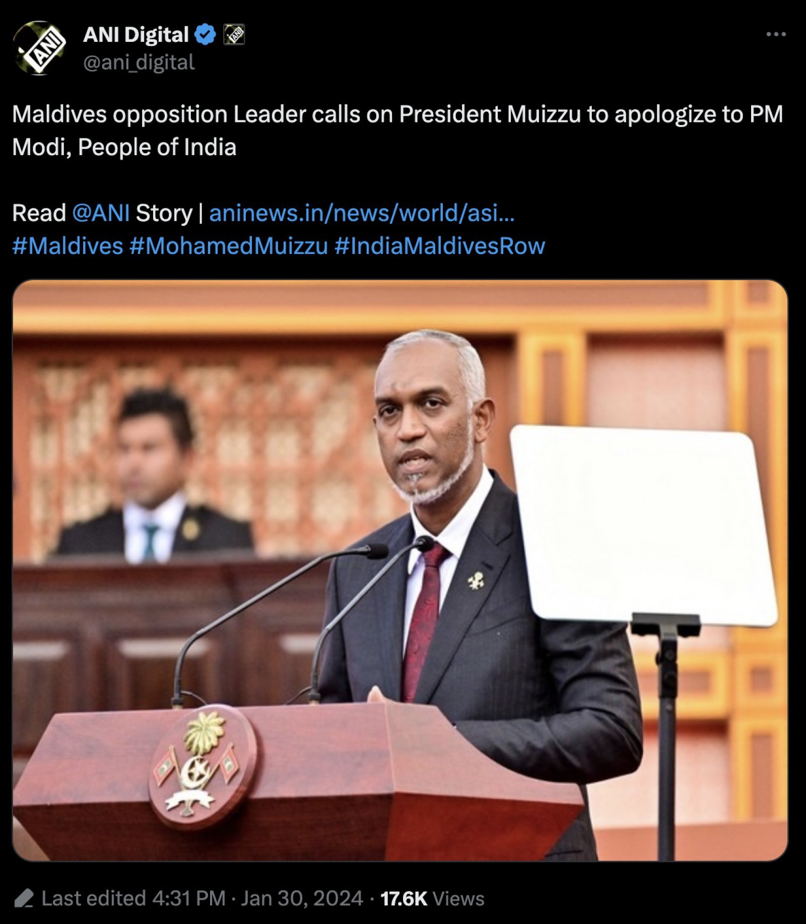Head of his own nation's opposition urged Maldivian President Muizzoo to extend an apology to Prime Minister Modi and Indians
