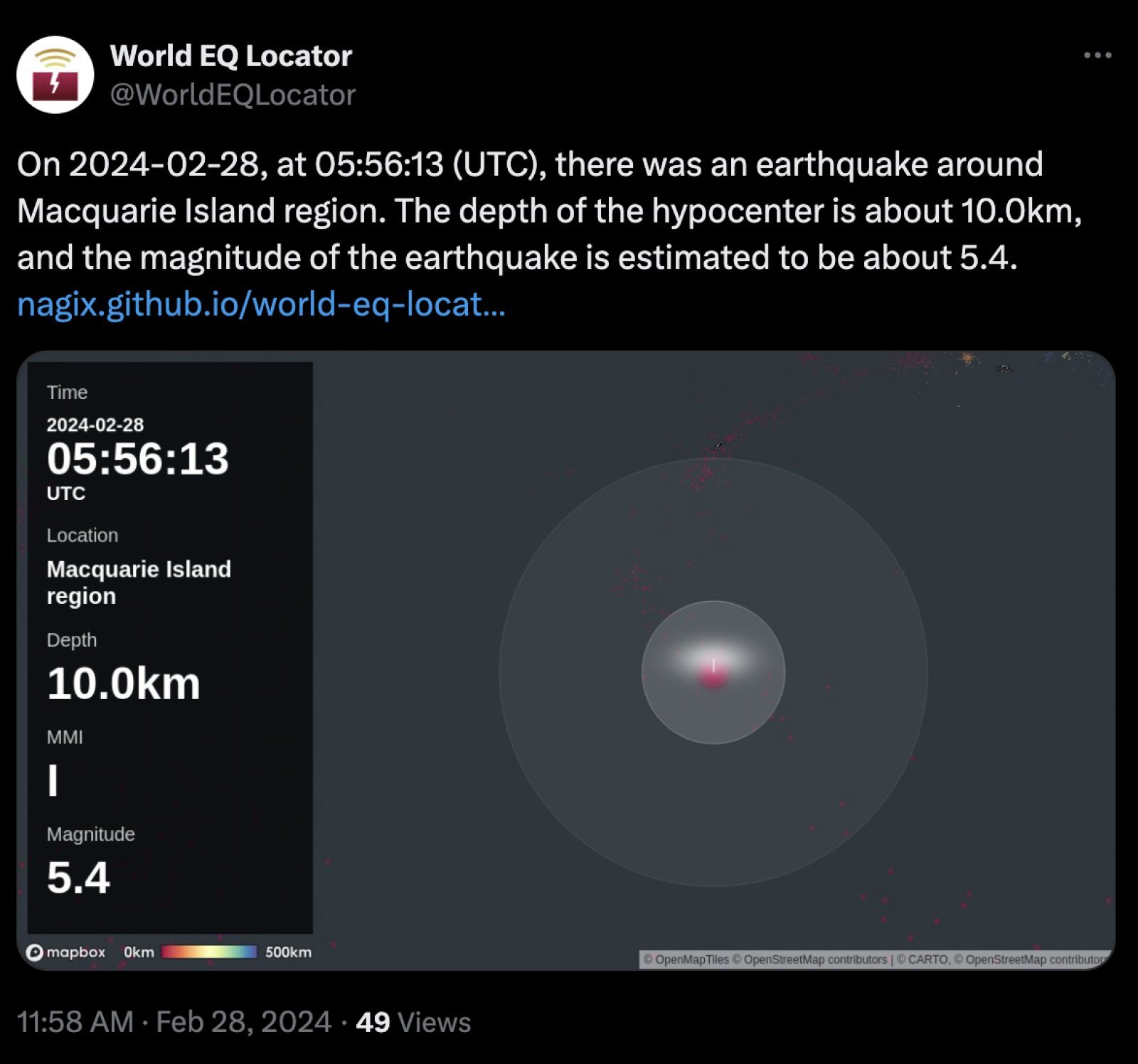 Earthquake hits Macquarie Island, intensity 5.4 on Richter scale