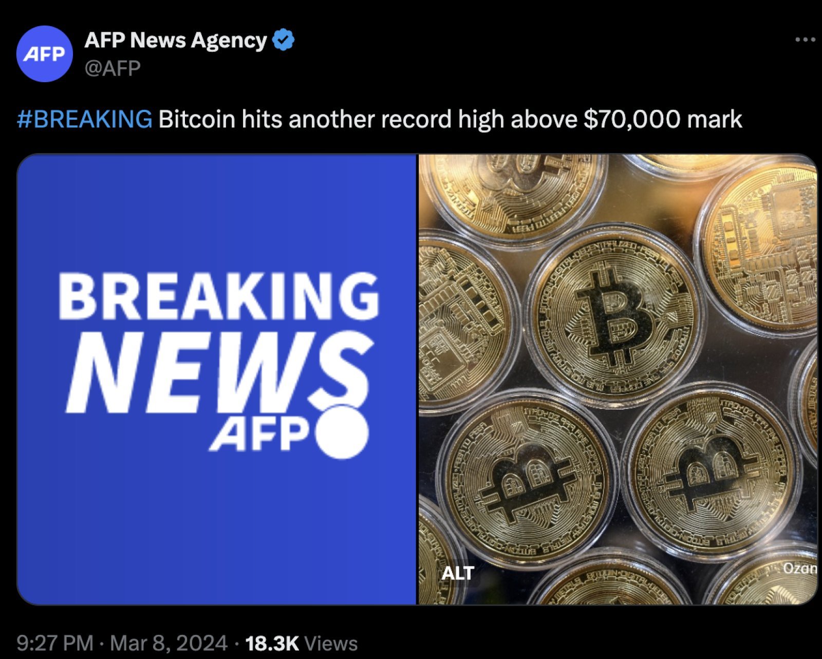 Bitcoin's record-breaking surge crossed 70 thousand dollars