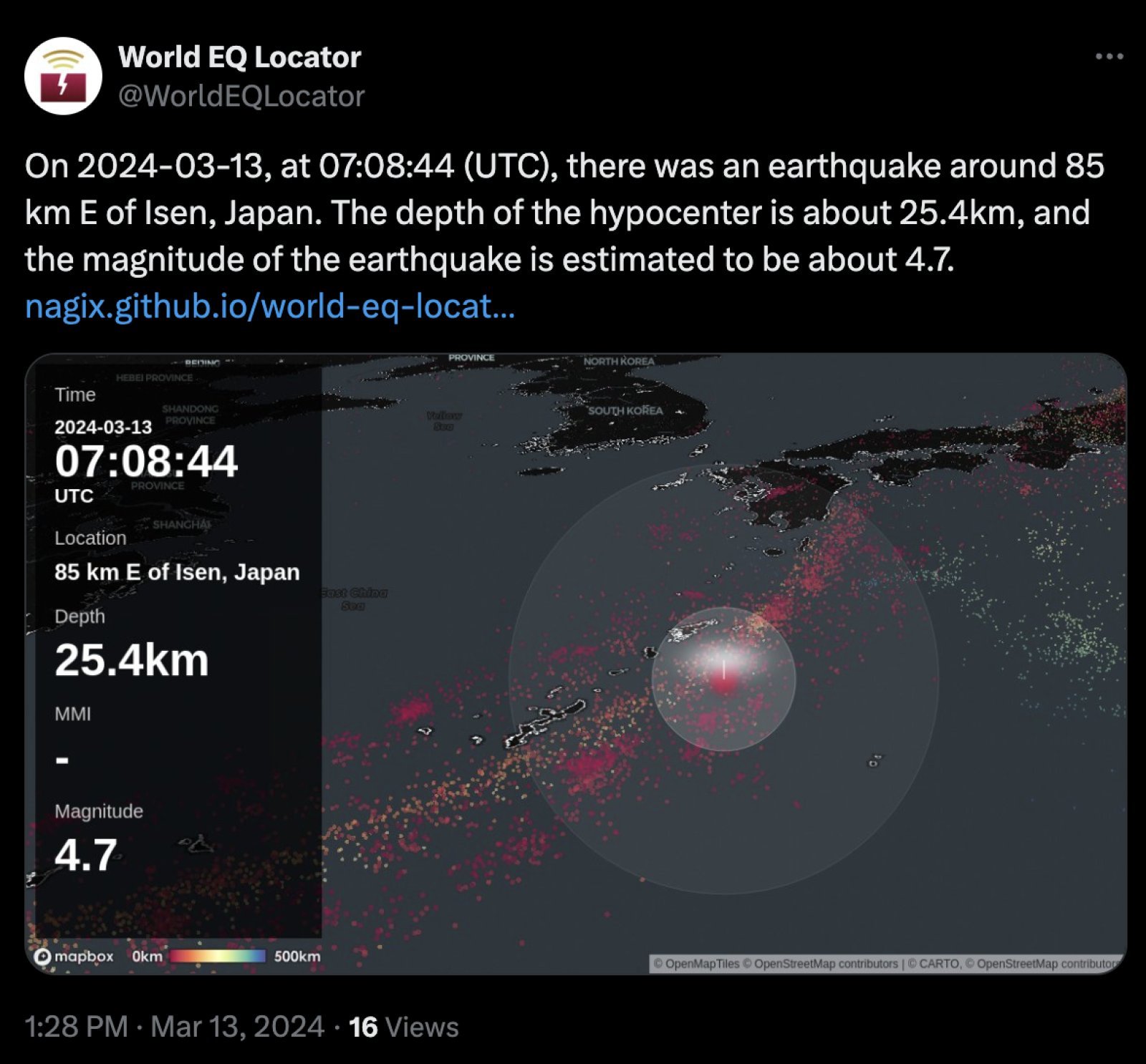 Earthquake hits Japan again, intensity 4.7 on Richter scale