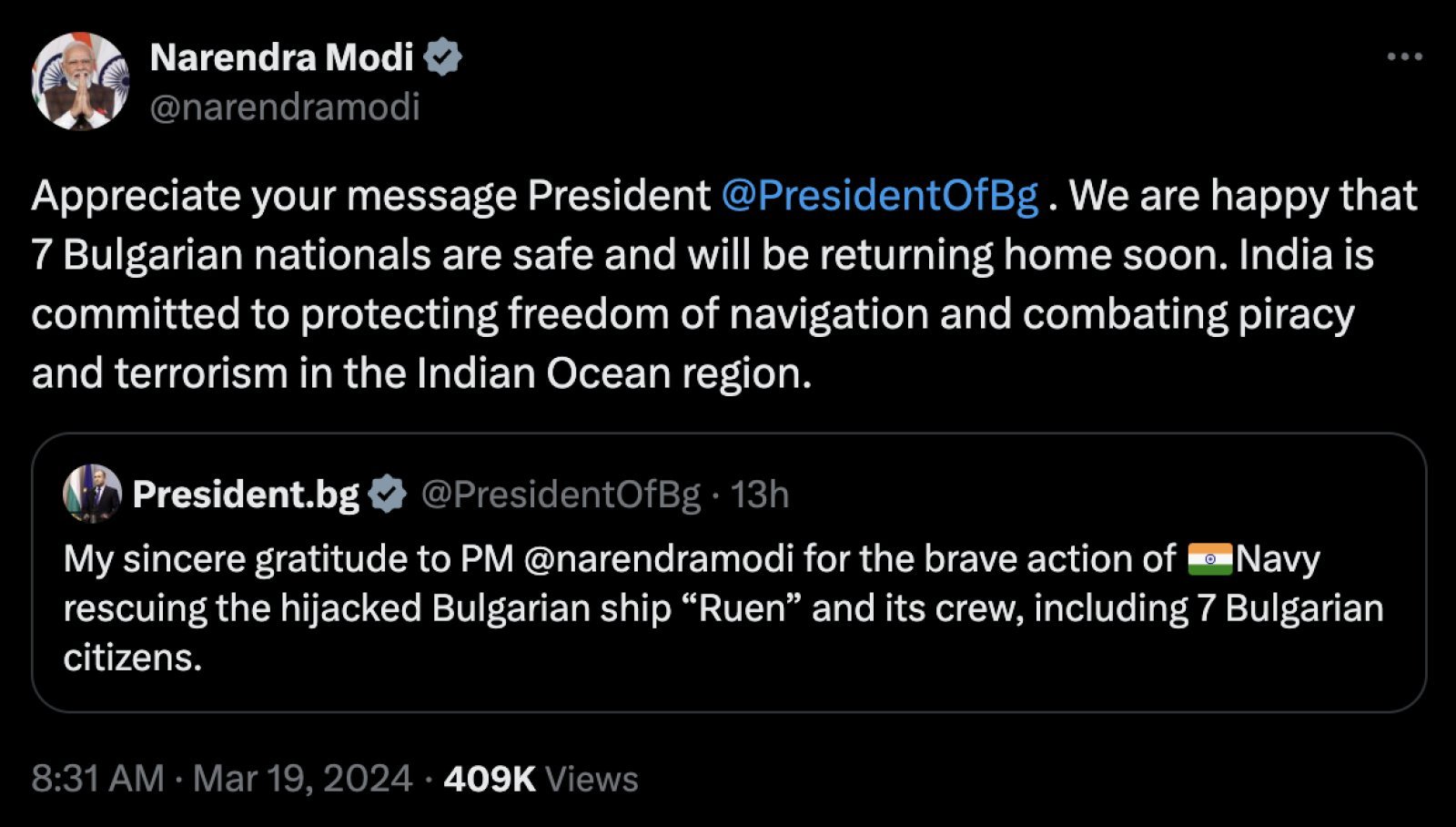 Bulgarian President thanks Indian Navy for saving civilians, know what PM Modi said