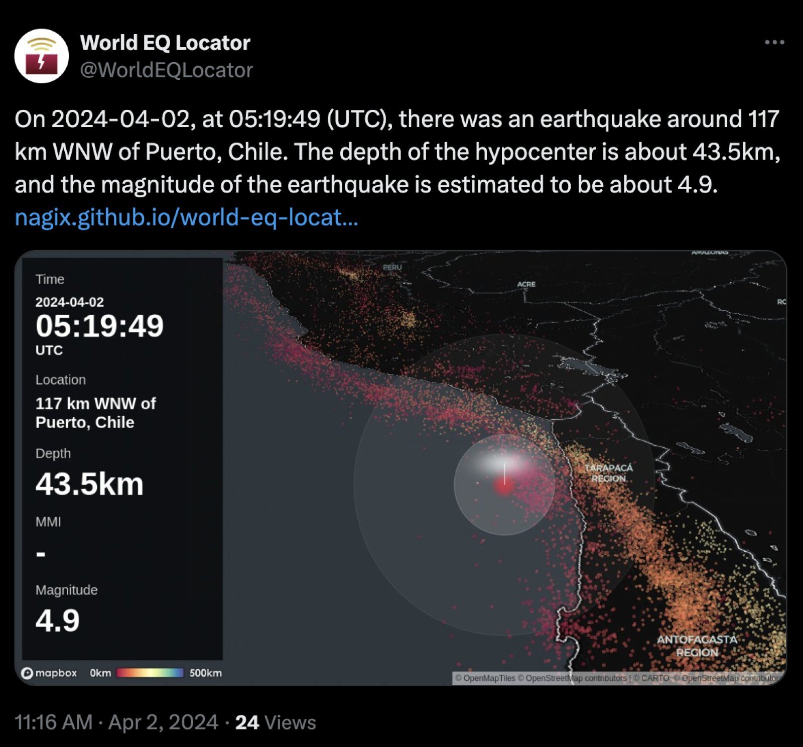 Earthquake hits Chile, intensity 4.9 on Richter scale