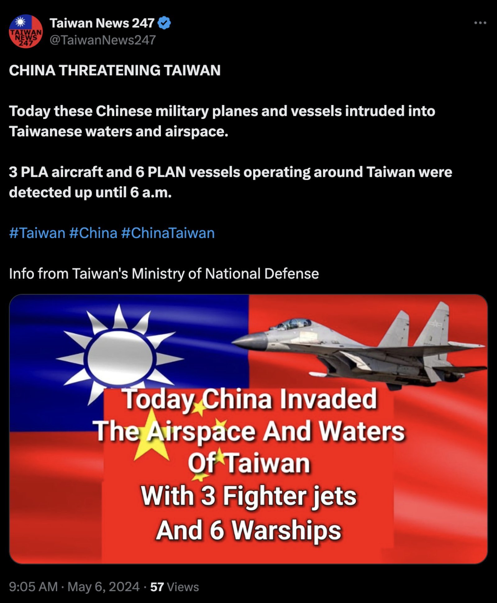 China again intrudes into Taiwan's airspace and seaspace, 3 fighter jets and 6 ships tracked