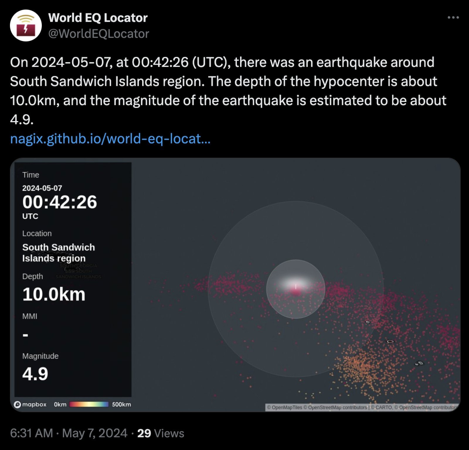 Earthquake on South Sandwich Islands, intensity 4.9 on Richter scale