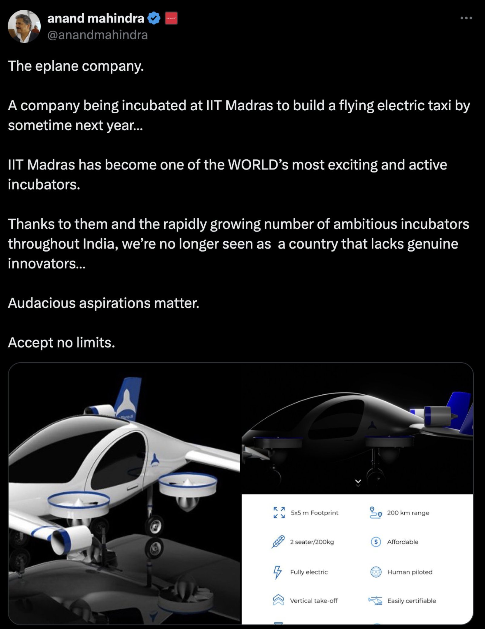 Anand Mahindra lauds IIT-Madras startup developing electric flying taxi