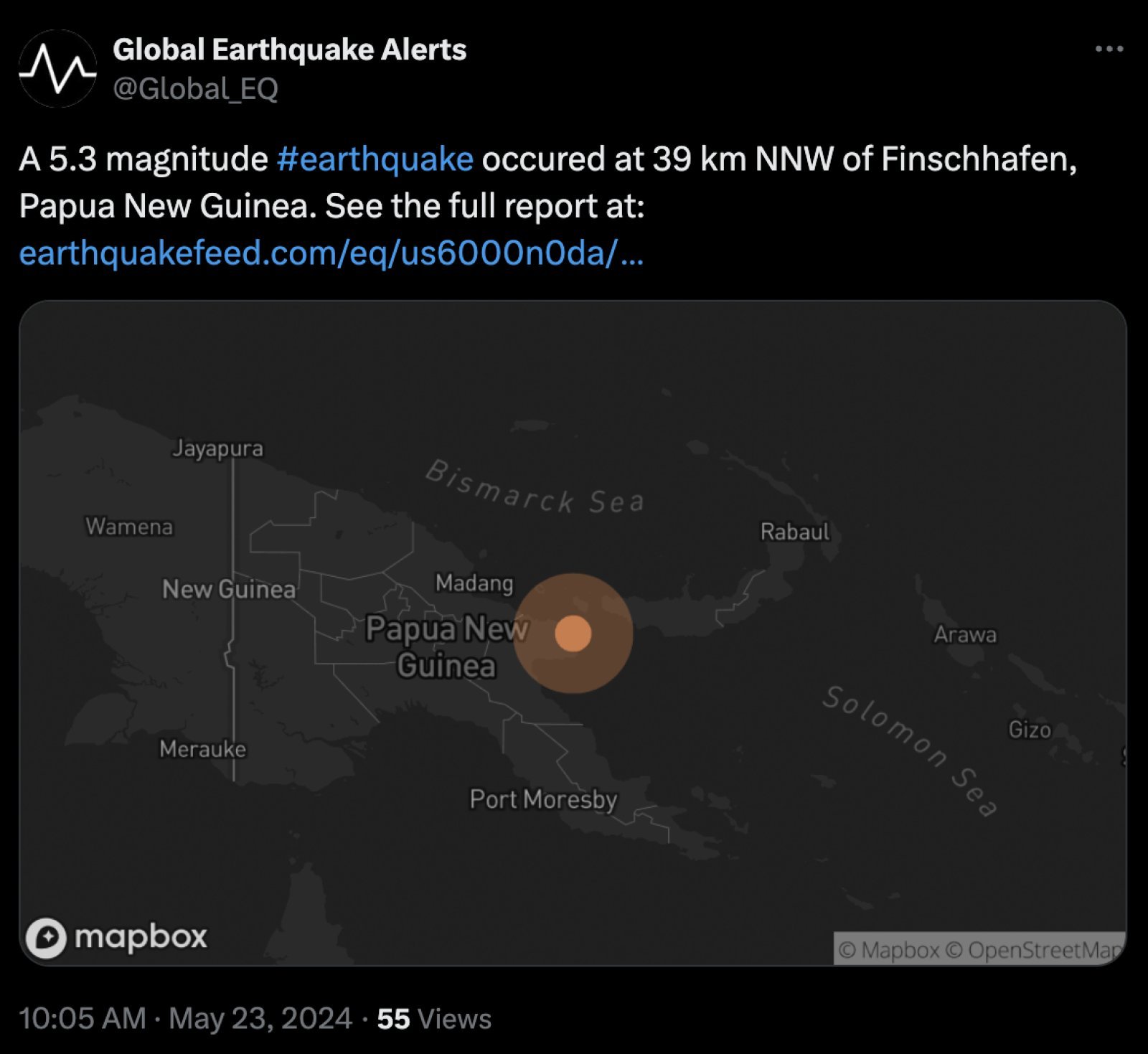 Earthquake occurred in Papua New Guinea, intensity was 5.3 on Richter scale.