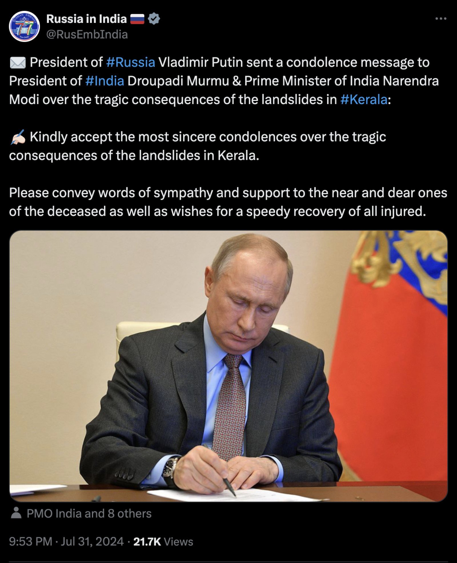 Russian President Vladimir Putin expressed condolences on Wayanad landslide, Iran also expressed condolences